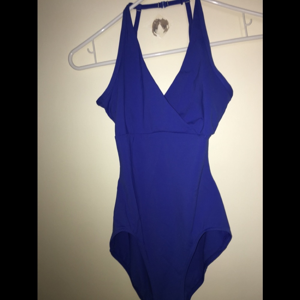 Blue Capezio cross front halter leotard